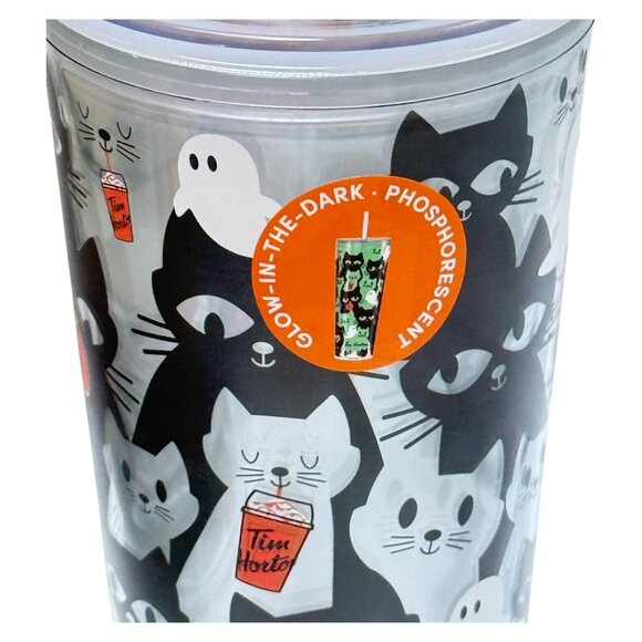 Tim Hortons TumblerHalloween Black Cats Glow in Dark 24 oz 2025  Limited Ed NEW - Picture 3 of 11